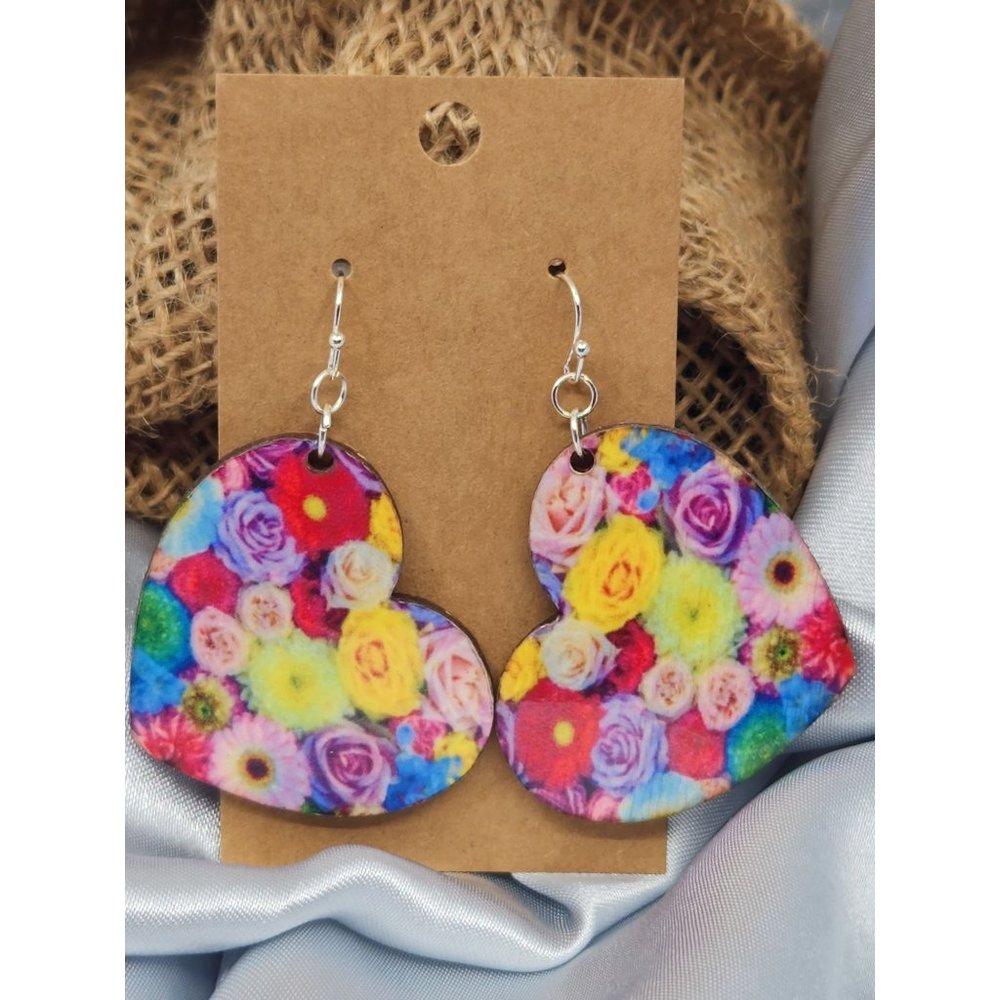 Flowers Heart shaped earrings, Handmade, baltic birch wood, New, Lightweight.